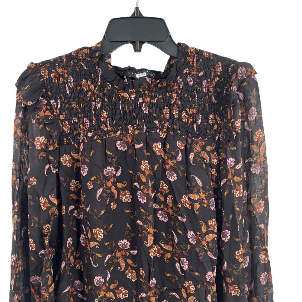 Sanctuary Black Floral Smocked Chiffon Ruffle Blouse Sheer Sleeves Womens Size 6